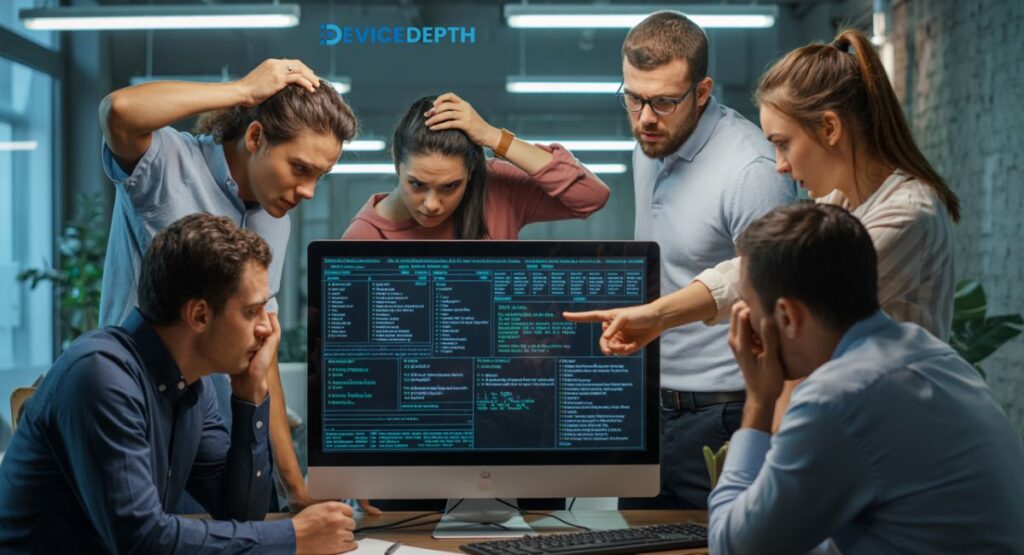 Showing • frustrated team looking at a dashboard or error messages