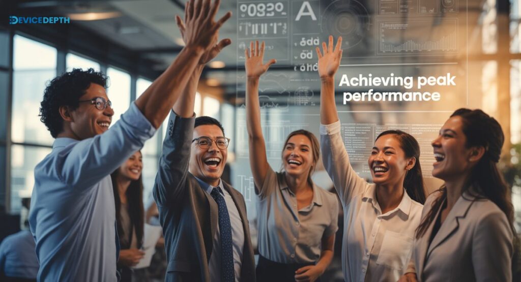 showing Motivational image of a business team celebrating with AI dashboard in background.