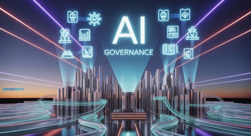 Showing Futuristic city skyline with AI symbols and legal icons above it.
