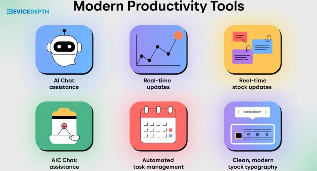 showing set of small icons (e.g., chatbot, stock tracking, smart scheduling).