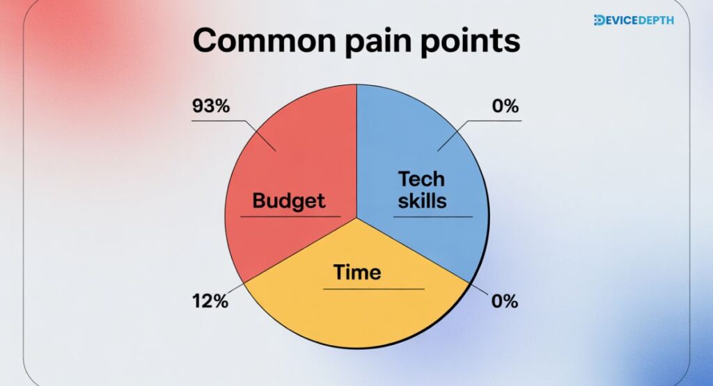 pie chart showing common pain points: budget, tech skills, time.