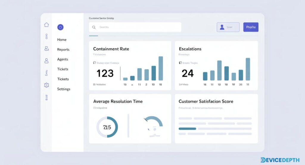 • Dashboard screen showing KPIs like Containment Rate, Escalations.