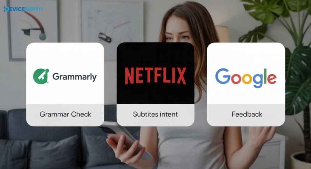 Showing Brand Logos  – Grammarly (grammar check), Netflix (subtitles), Google (search intent)
