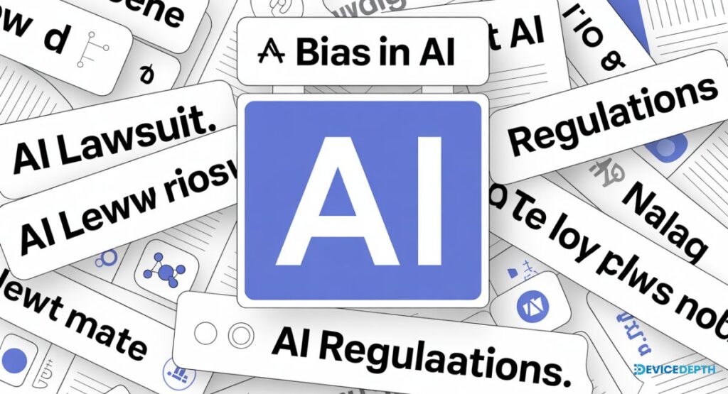 showing image of headlines like “AI Lawsuit,” “Bias in AI,” and “New AI Regulations.”
