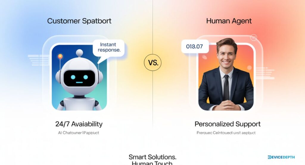 •	Side-by-side graphic showing differences:AI chatbot and human agent