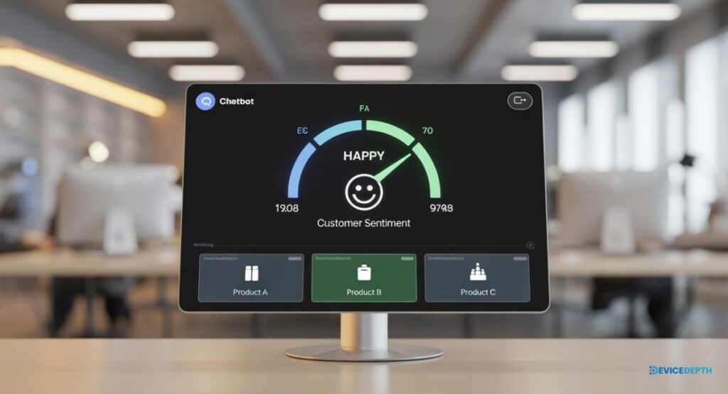 •	Visual showing a chatbot analyzing customer sentiment recommending products accordingly.