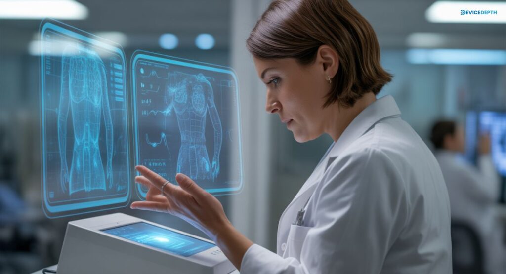 •	A doctor and AI system working together with blue holographic screens 