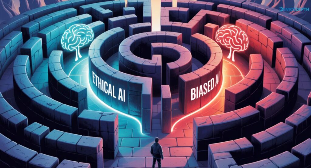 •	A maze with a glowing blue path (ethical AI) vs a red path (biased AI).