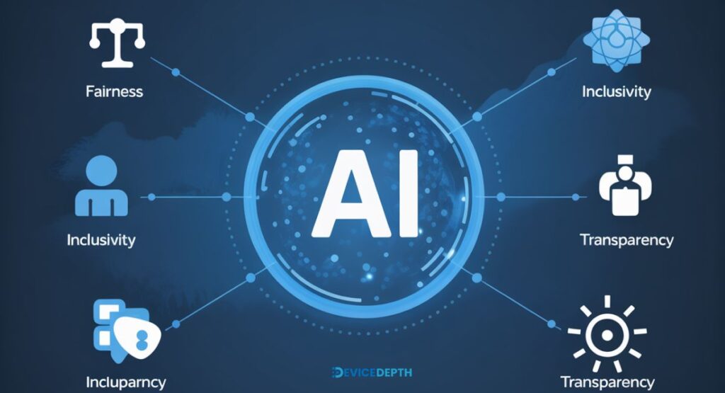 •	A blue-colored AI interface with icons like fairness, inclusivity
