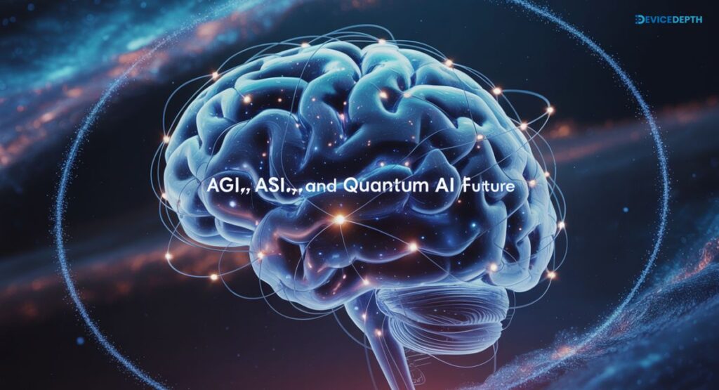 •	A brain-shaped galaxy in blue, symbolizing AGI, ASI, and quantum AI future.