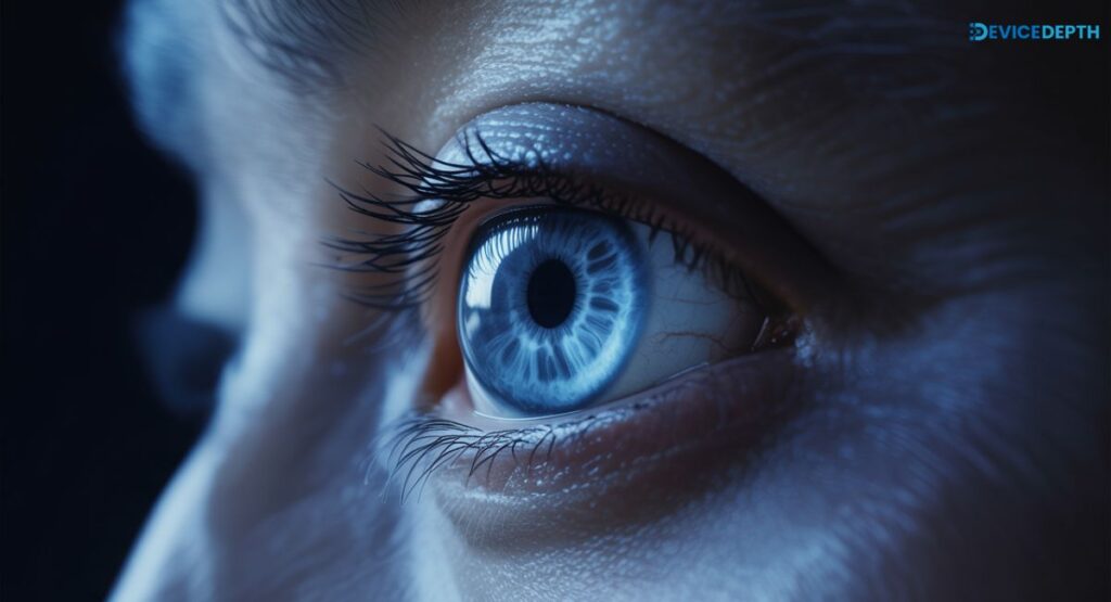 image of a blue glowing eye representing AI vision, calmness, and trust.